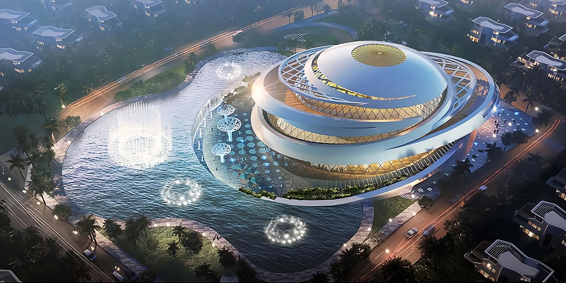 Nhà hát New World Theatre tại Noble Rivera gây ấn tượng với kiến trúc biểu tượng hiện đại bên mặt nước, trở thành trung tâm nghệ thuật – giải trí đẳng cấp