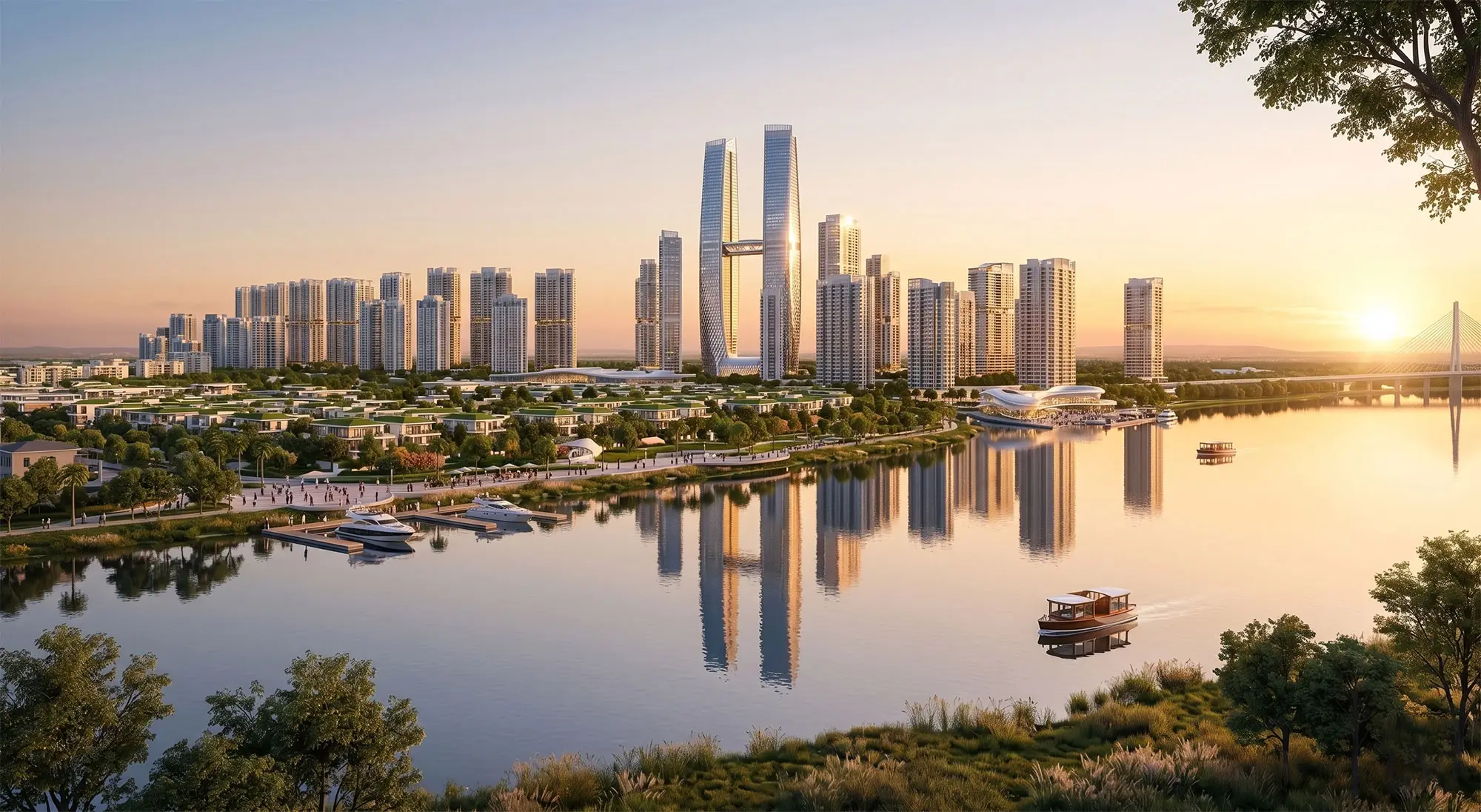 Phối cảnh tổng thể dự án The Grand Riveria Đông Anh Hà Nội với tháp biểu tượng ven sông, khu căn hộ cao tầng và bến du thuyền hiện đại Phối cảnh tổng thể dự án The Grand Riveria Đông Anh Hà Nội với tháp biểu tượng ven sông, khu căn hộ cao tầng và bến du thuyền hiện đại