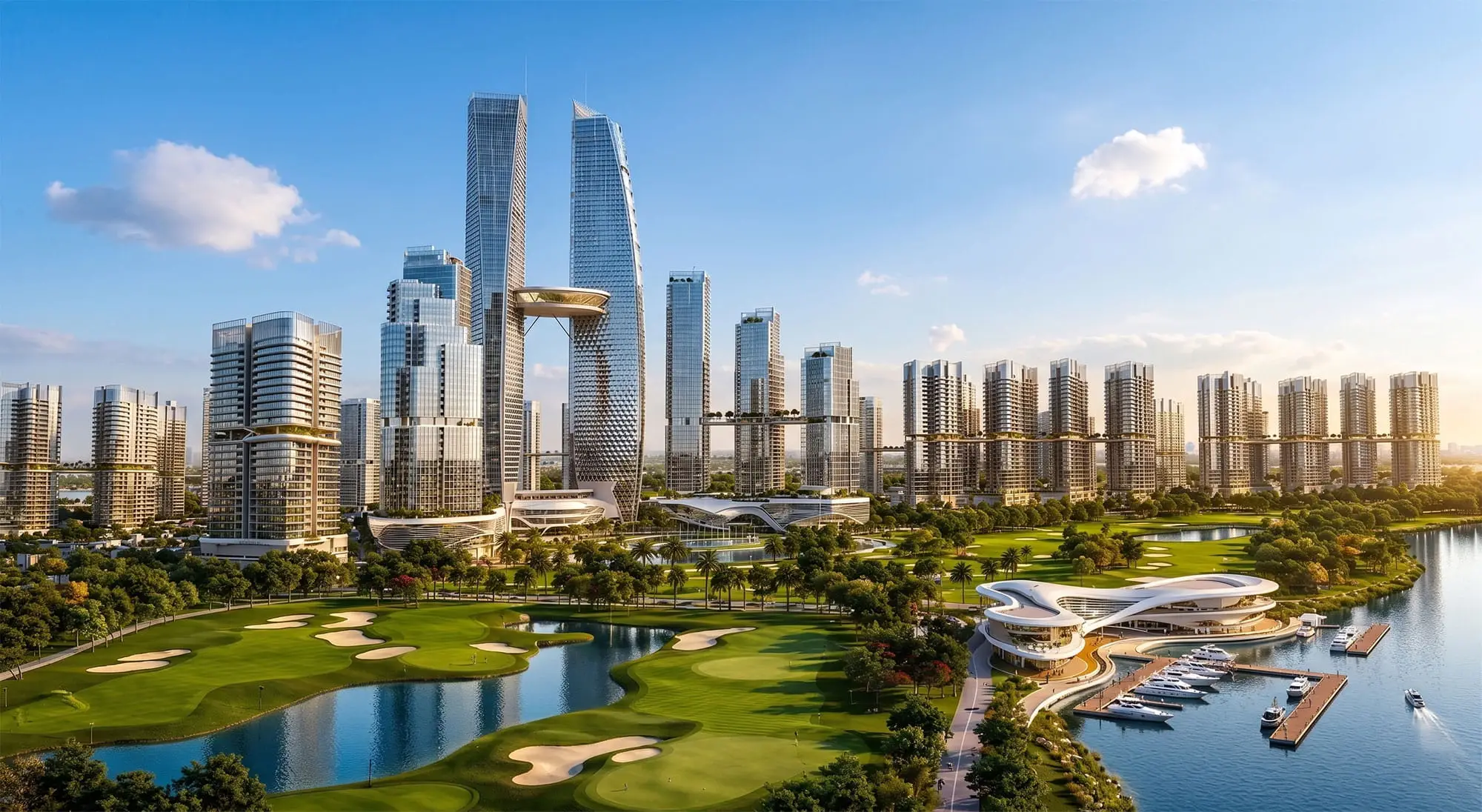 Phối cảnh khu đô thị The Grand Riveria của Sunshine Group tại Tàm Xá với hệ thống hồ cảnh quan, công viên xanh và các phân khu nhà ở được quy hoạch đồng bộ Phối cảnh khu đô thị The Grand Riveria